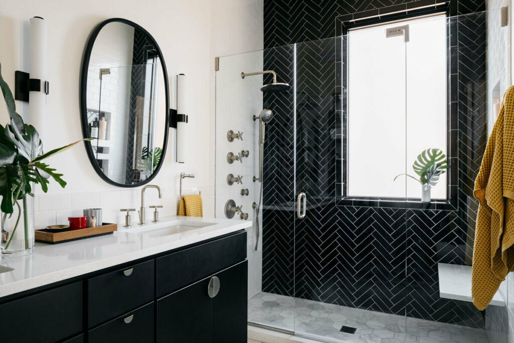 Black and White Small Bathroom with Showers