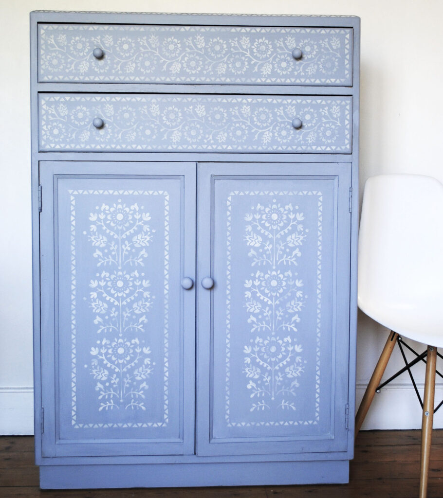 Blue Chalk Paint for Cupboard with White Stencil Design