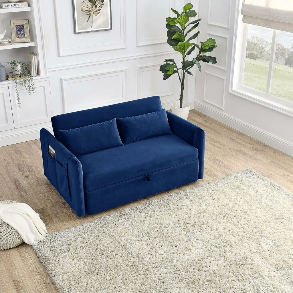 Blue Convertible Sofa with Pull Out Bed