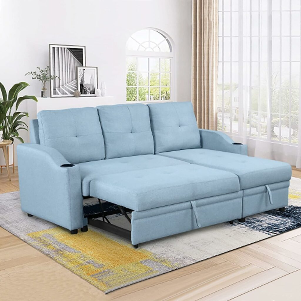 Blue Modern Pull-Out Sofa Bed Linen Fabric