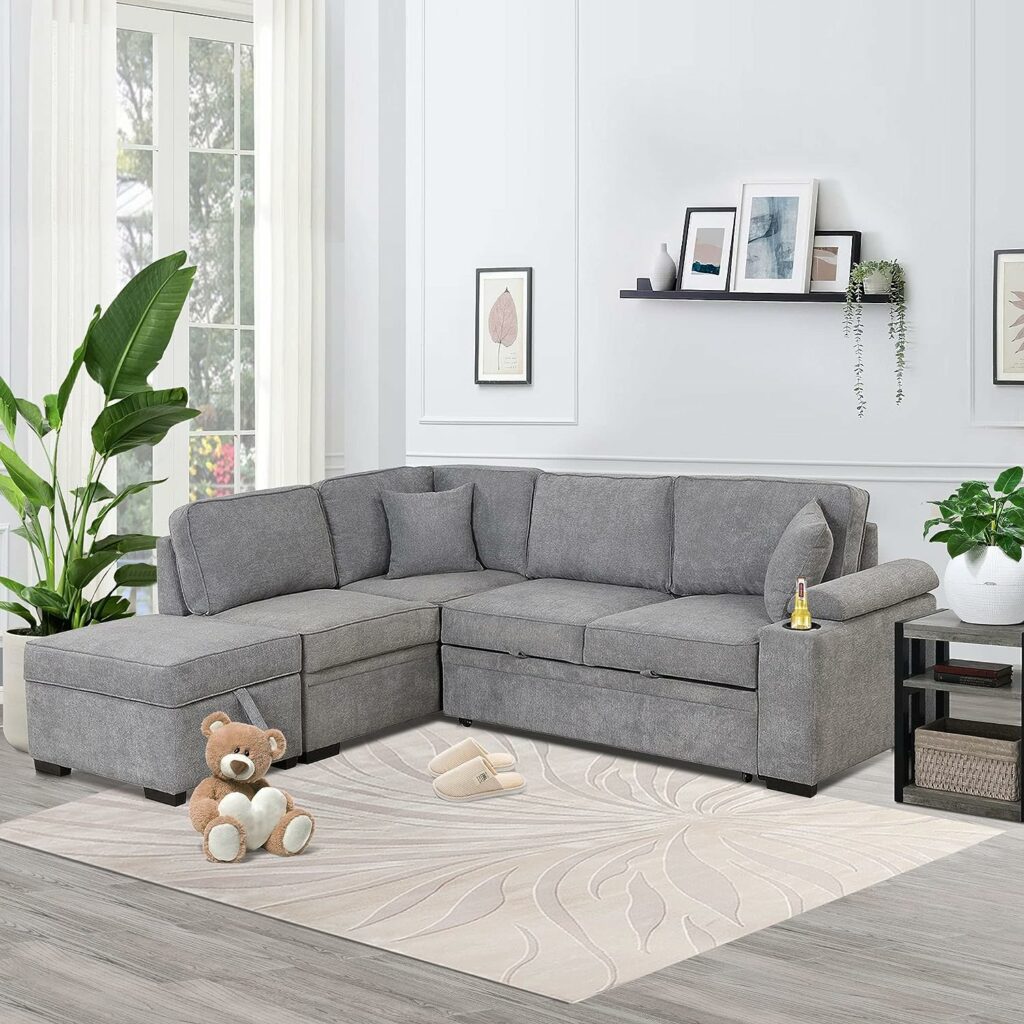 Grey L-Shaped Sleeper Sofa Bed