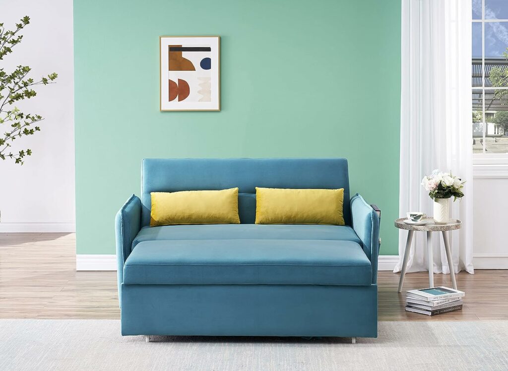 Teal Sleeper Sofa with Side Pockets and Bed