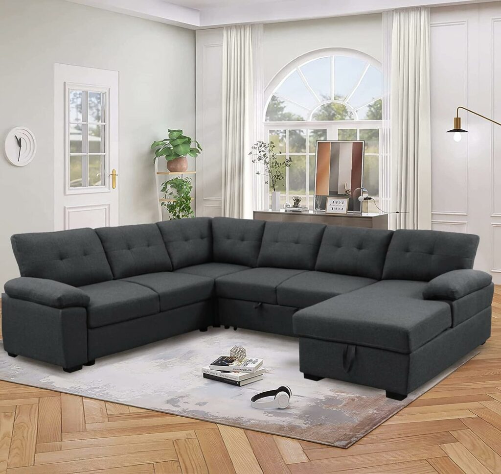 U-Shaped Dark Gray Modern Fabric Couch with Pull Out Bed