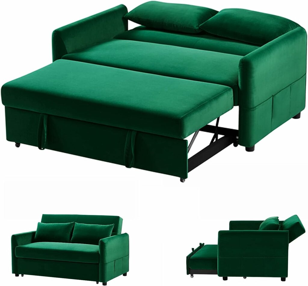 Velvet Green Sofa with a Pull-Out Sleeper