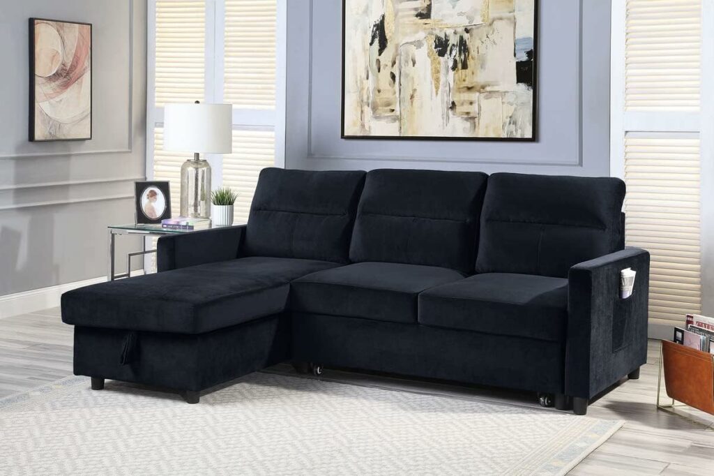 Velvet L-Shaped Black Sectional Couch with Bed